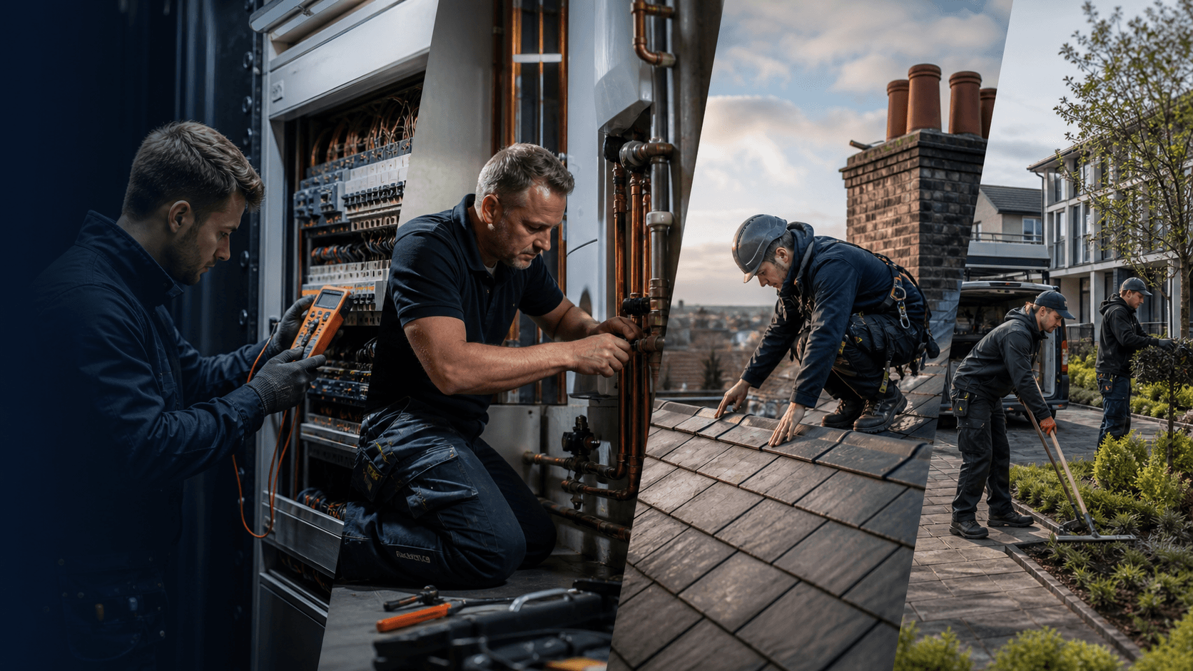 Electrical, plumbing, roofing and landscaping teams at work